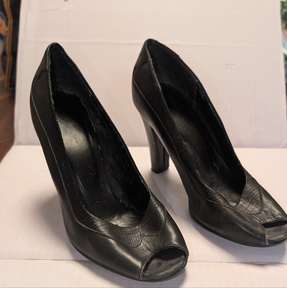 Sophisticated Black Leather Peep-Toe Heels